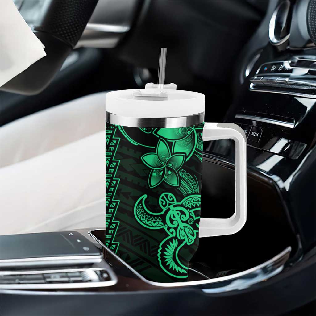 Green Hawaiian Kakau Turtle Tumbler With Handle Polynesian Tribal