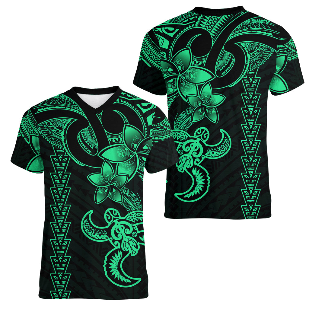 Hawaiian Tribal Women V Neck T Shirt Polynesian Kakau Turtle - Green LT9 - Polynesian Pride