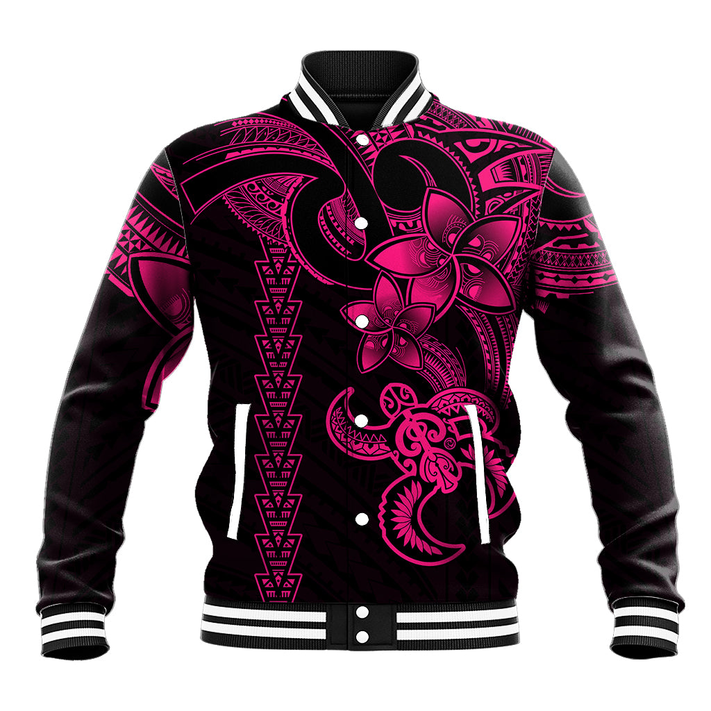 Hawaiian Tribal Baseball Jacket Polynesian Kakau Turtle - Pink LT9 Unisex Pink - Polynesian Pride