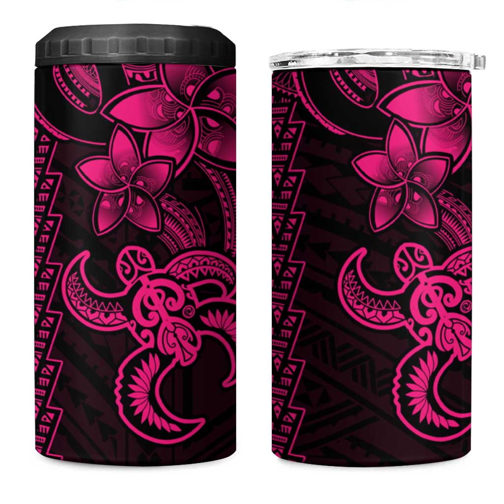 Pink Hawaiian Kakau Turtle 4 in 1 Can Cooler Tumbler Polynesian Tribal