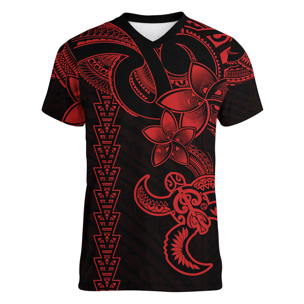 Hawaiian Tribal Women V Neck T Shirt Polynesian Kakau Turtle - Red LT9 Female Red - Polynesian Pride