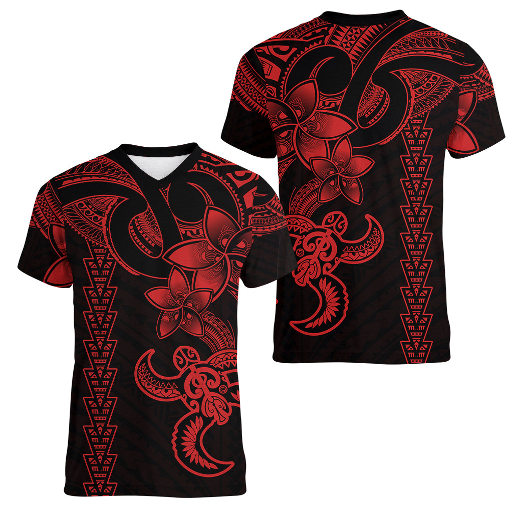 Hawaiian Tribal Women V Neck T Shirt Polynesian Kakau Turtle - Red LT9 - Polynesian Pride