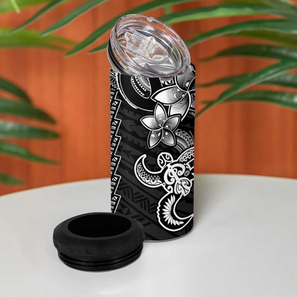 White Hawaiian Kakau Turtle 4 in 1 Can Cooler Tumbler Polynesian Tribal