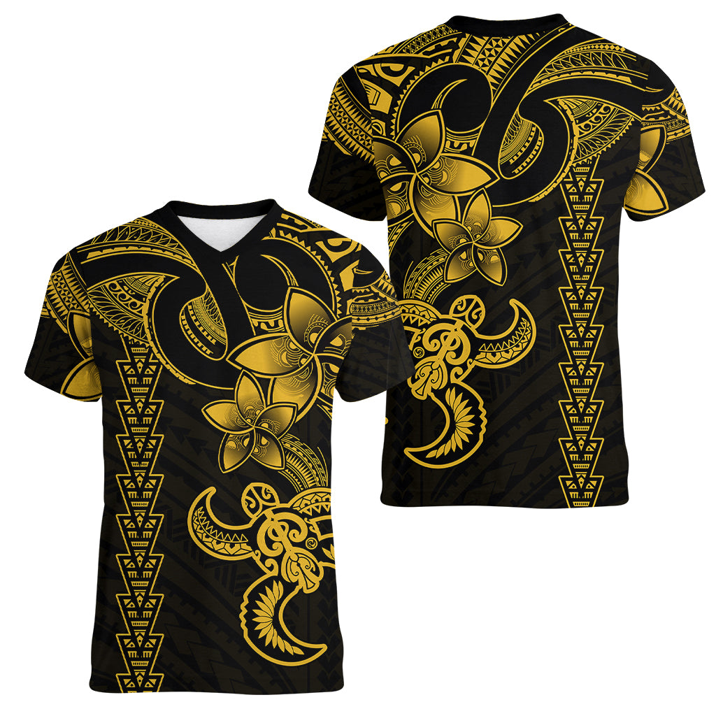 Hawaiian Tribal Women V Neck T Shirt Polynesian Kakau Turtle - Yellow LT9 - Polynesian Pride