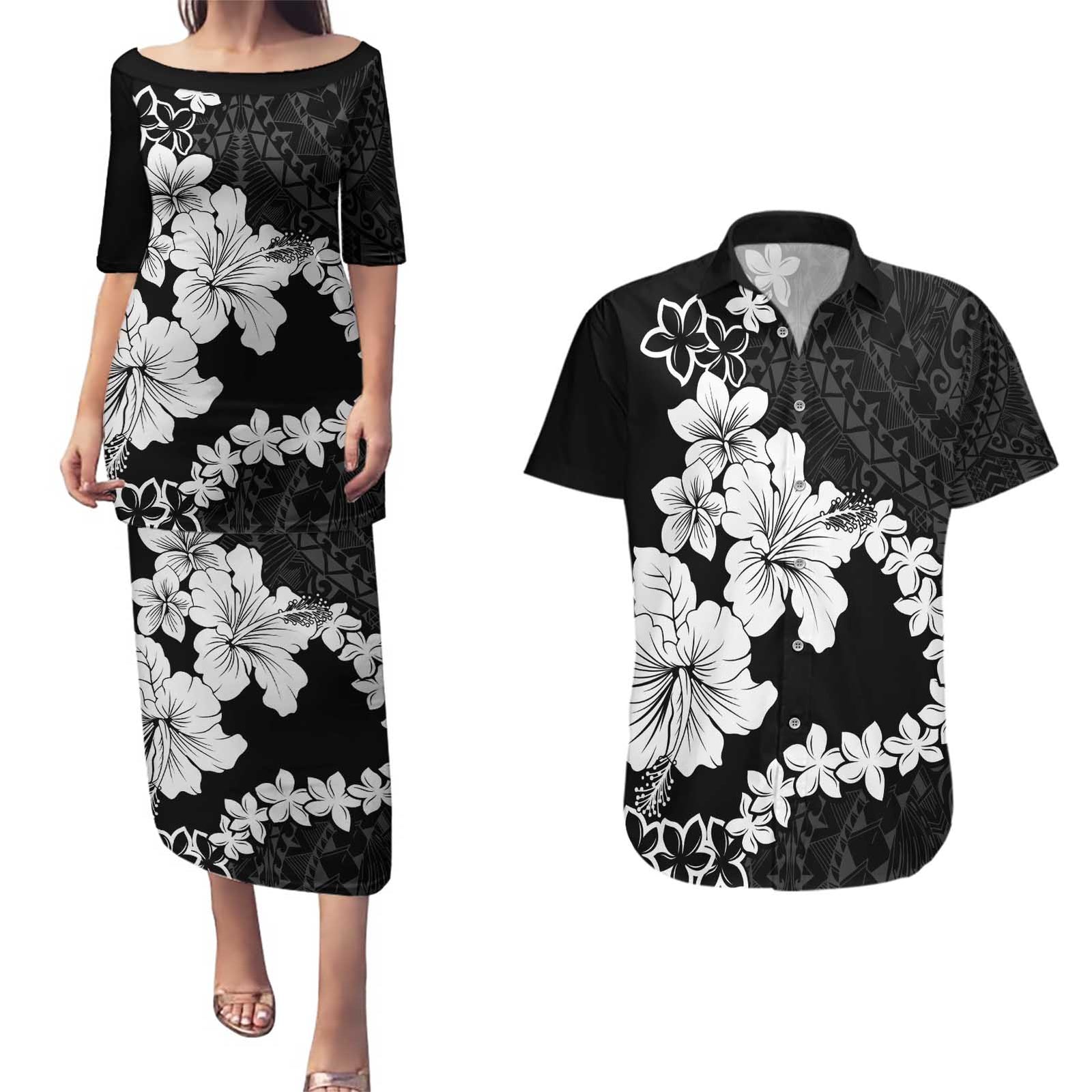 American Samoa Lotu Tamaiti Couples Matching Puletasi and Hawaiian Shirt White Sunday Plumeria Black Vibe