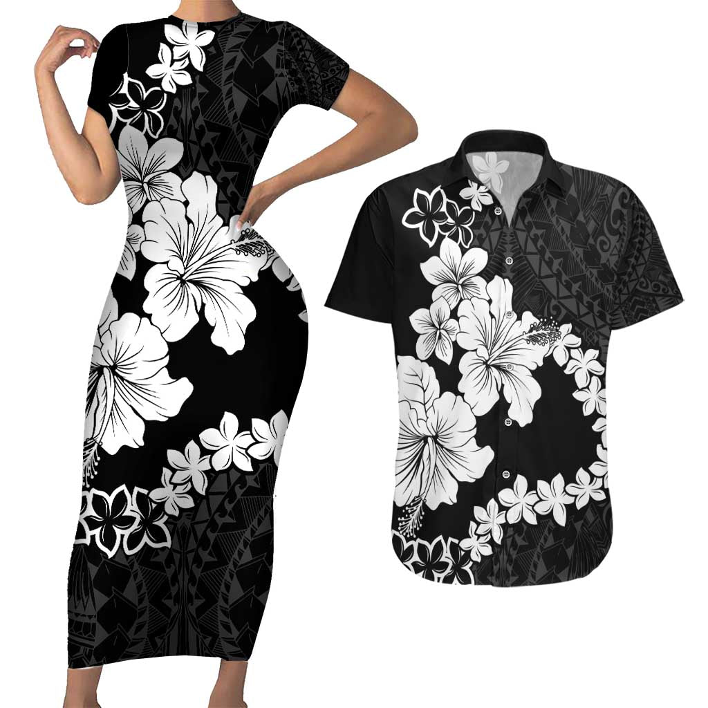 American Samoa Lotu Tamaiti Couples Matching Short Sleeve Bodycon Dress and Hawaiian Shirt White Sunday Plumeria Black Vibe LT9 Black - Polynesian Pride
