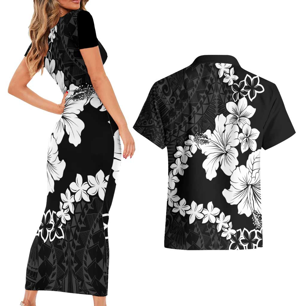 American Samoa Lotu Tamaiti Couples Matching Short Sleeve Bodycon Dress and Hawaiian Shirt White Sunday Plumeria Black Vibe LT9 - Polynesian Pride