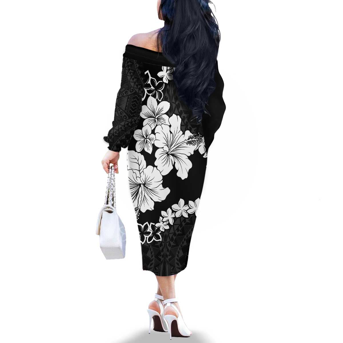 American Samoa Lotu Tamaiti Family Matching Off The Shoulder Long Sleeve Dress and Hawaiian Shirt White Sunday Plumeria Black Vibe