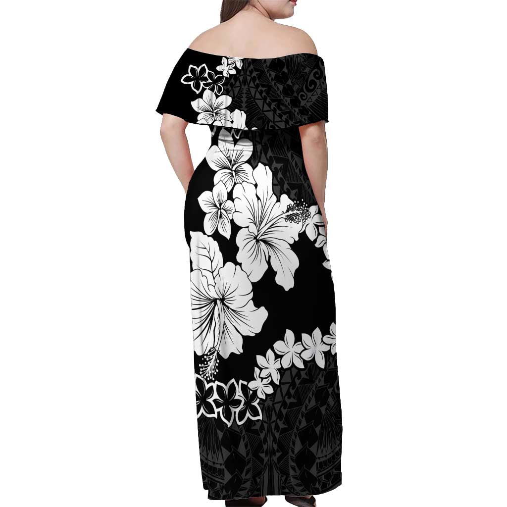 American Samoa Lotu Tamaiti Off Shoulder Maxi Dress White Sunday Plumeria Black Vibe