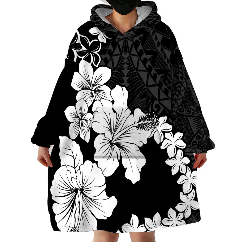American Samoa Lotu Tamaiti Wearable Blanket Hoodie White Sunday Plumeria Black Vibe