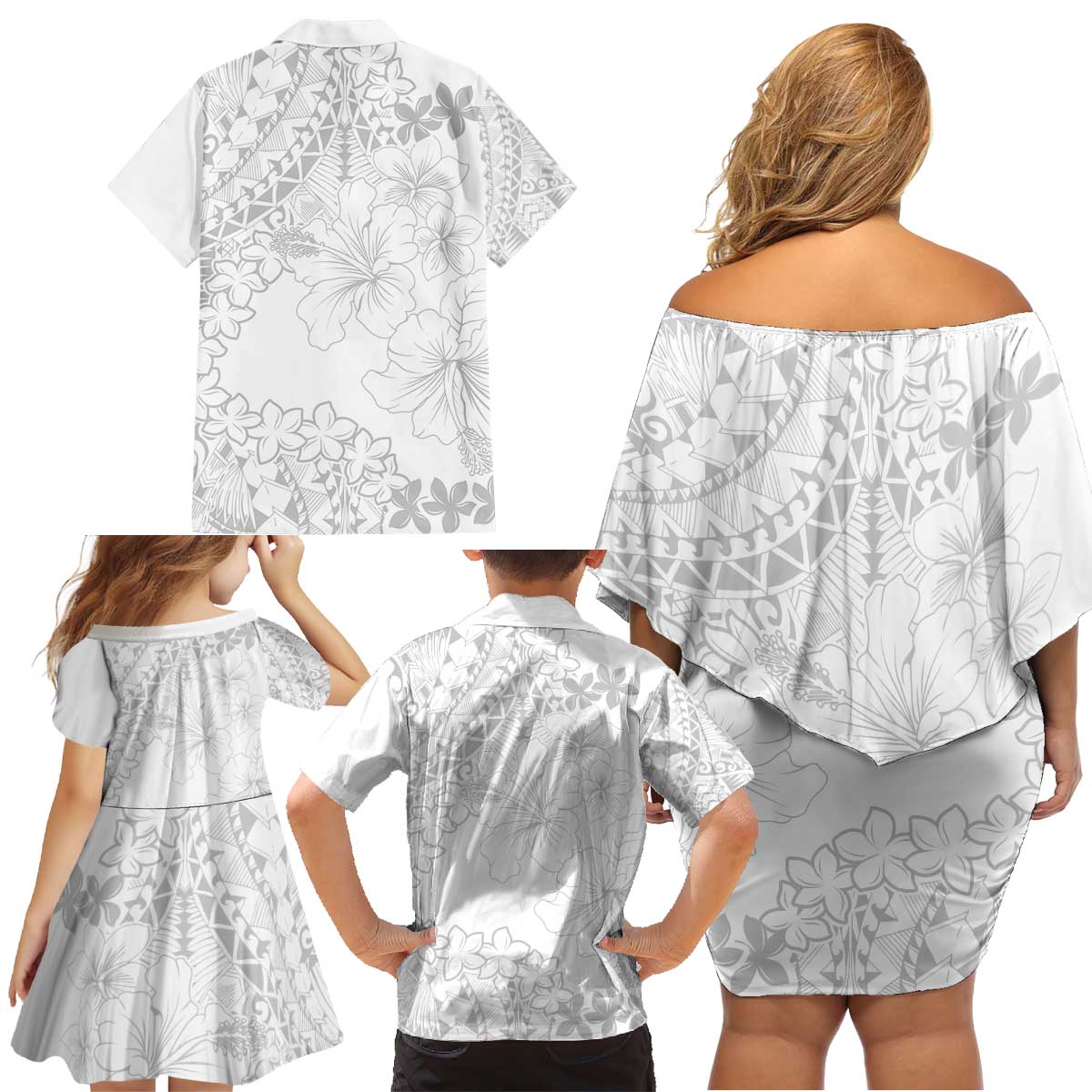 American Samoa Lotu Tamaiti Family Matching Off Shoulder Short Dress and Hawaiian Shirt White Sunday Plumeria White Vibe