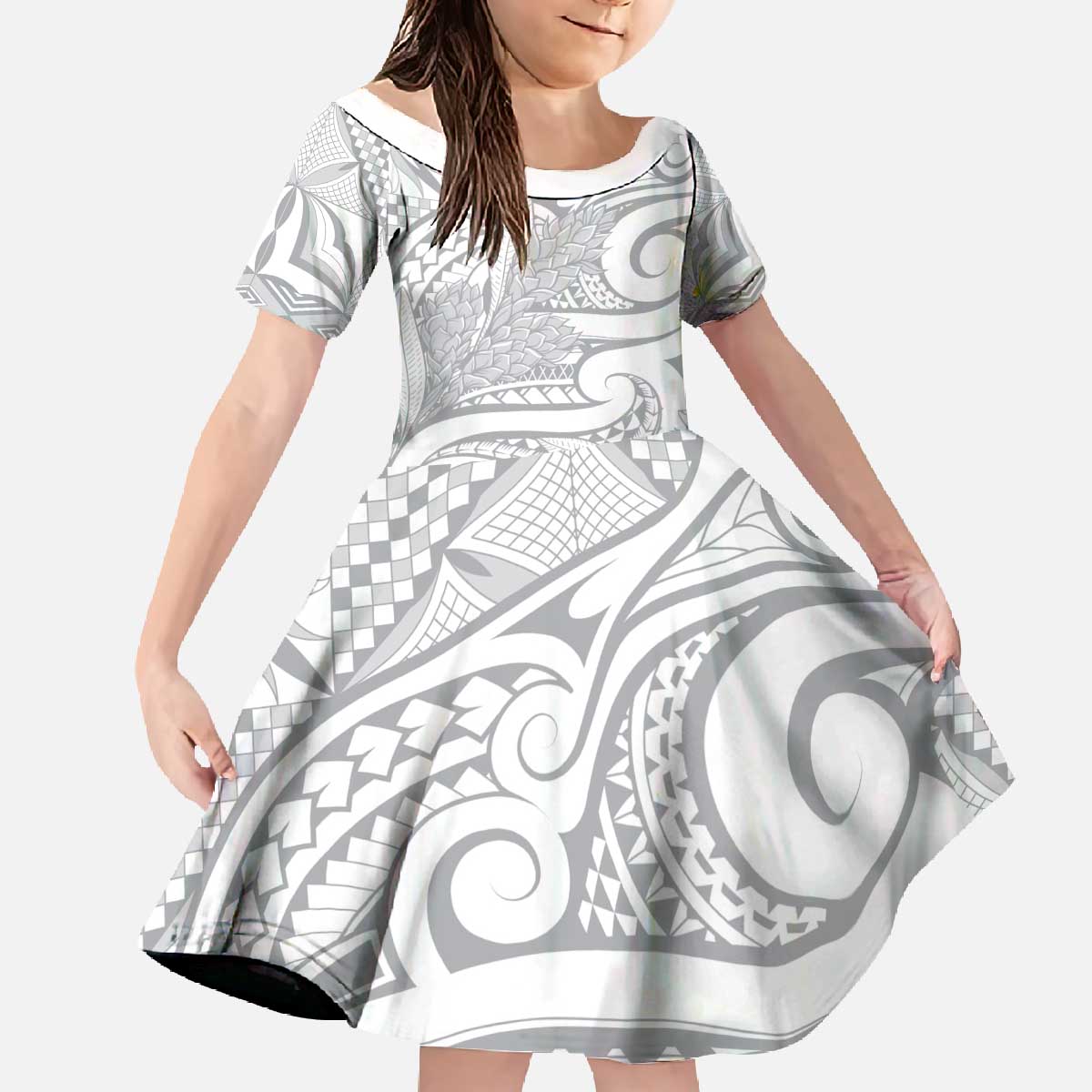 Lotu Tamaiti Samoa Siapo Family Matching Off The Shoulder Long Sleeve Dress and Hawaiian Shirt White Sunday With Teuila Torch Ginger