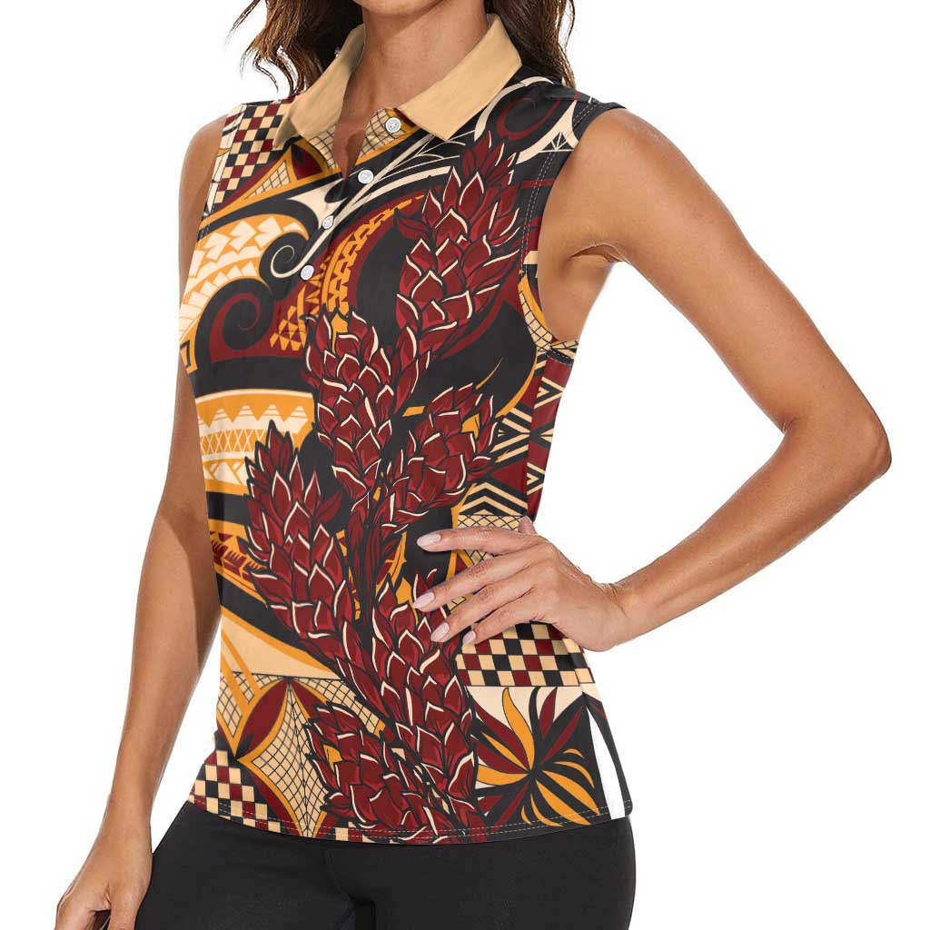 Vintage Samoa Siapo Women Sleeveless Polo Shirt With Teuila Torch Ginger