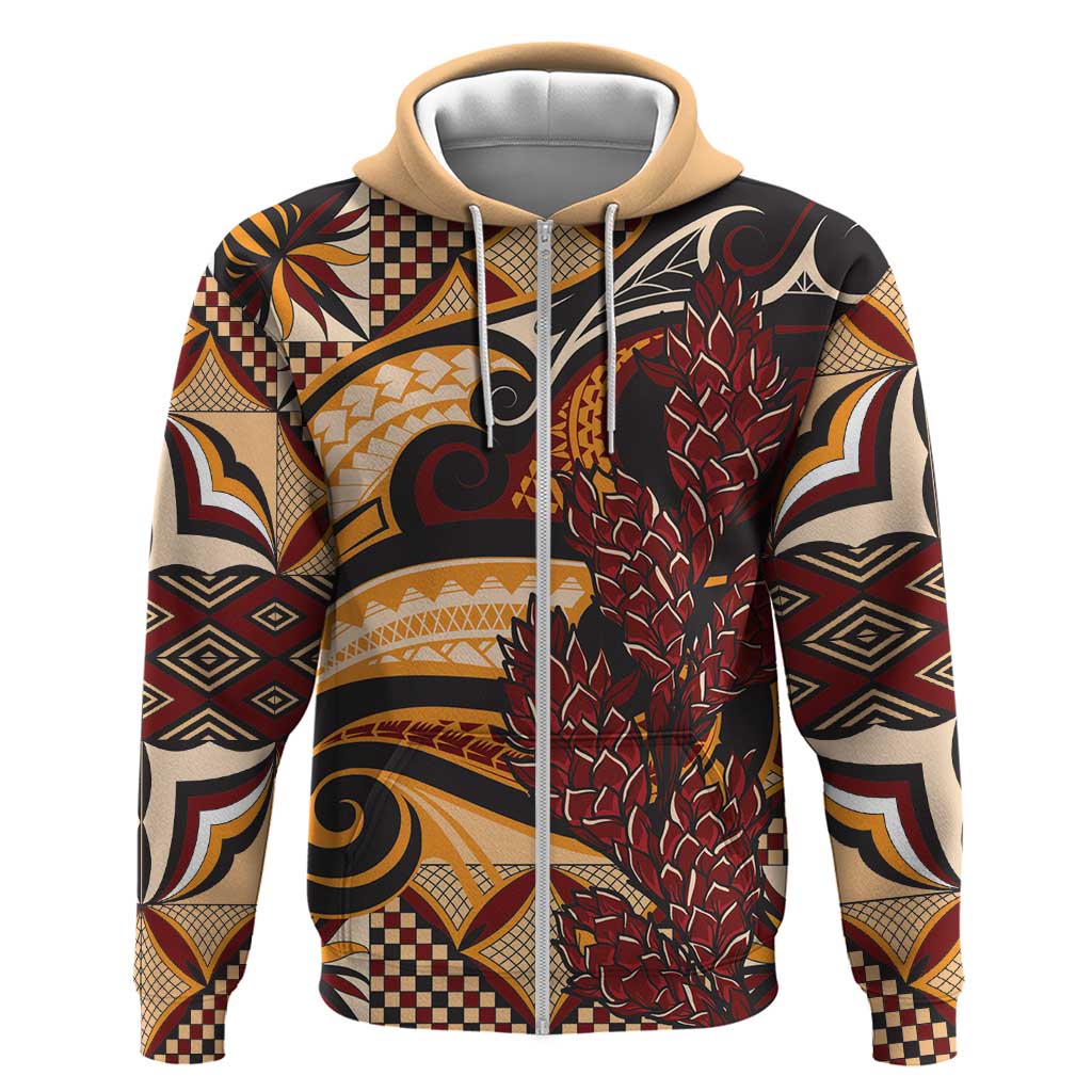 Vintage Samoa Siapo Zip Hoodie With Teuila Torch Ginger LT9 Zip Hoodie Art - Polynesian Pride