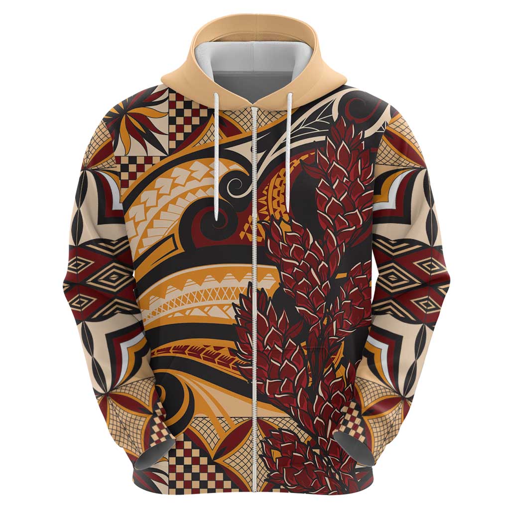 Vintage Samoa Siapo Zip Hoodie With Teuila Torch Ginger LT9 - Polynesian Pride