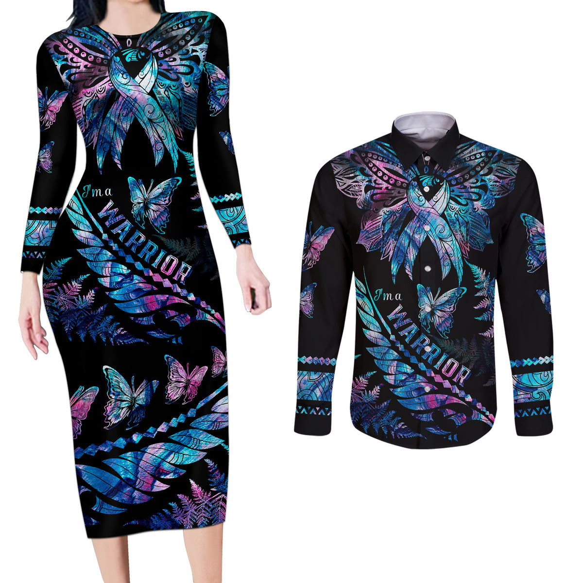 Polynesia Ribbon Butterflies Couples Matching Long Sleeve Bodycon Dress and Long Sleeve Button Shirts Silver Fern Breast Cancer With Papua Shell Pattern LT9 Black - Polynesian Pride
