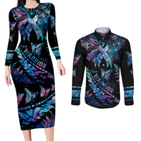 Polynesia Ribbon Butterflies Couples Matching Long Sleeve Bodycon Dress and Long Sleeve Button Shirts Silver Fern Breast Cancer With Papua Shell Pattern LT9 Black - Polynesian Pride