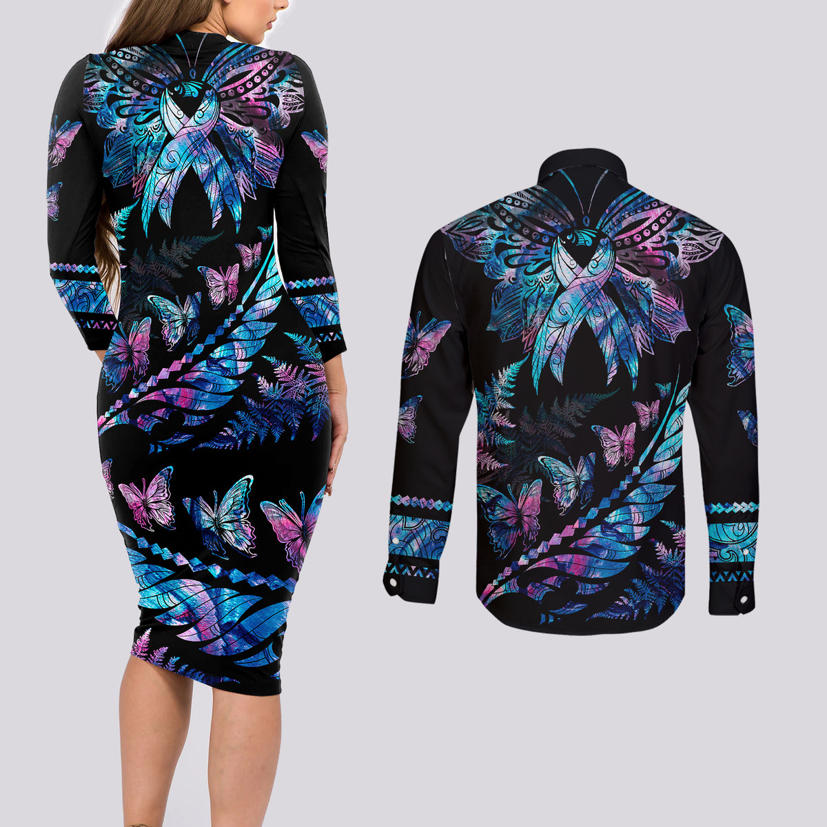Polynesia Ribbon Butterflies Couples Matching Long Sleeve Bodycon Dress and Long Sleeve Button Shirts Silver Fern Breast Cancer With Papua Shell Pattern LT9 - Polynesian Pride