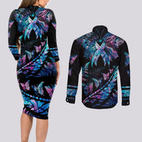 Polynesia Ribbon Butterflies Couples Matching Long Sleeve Bodycon Dress and Long Sleeve Button Shirts Silver Fern Breast Cancer With Papua Shell Pattern LT9 - Polynesian Pride