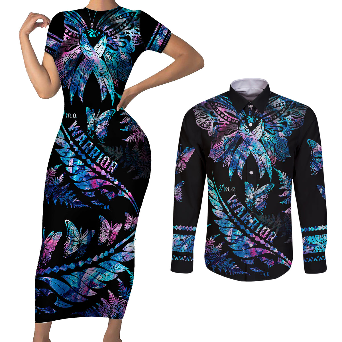 Polynesia Ribbon Butterflies Couples Matching Short Sleeve Bodycon Dress and Long Sleeve Button Shirts Silver Fern Breast Cancer With Papua Shell Pattern LT9 Black - Polynesian Pride