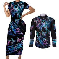 Polynesia Ribbon Butterflies Couples Matching Short Sleeve Bodycon Dress and Long Sleeve Button Shirts Silver Fern Breast Cancer With Papua Shell Pattern LT9 Black - Polynesian Pride