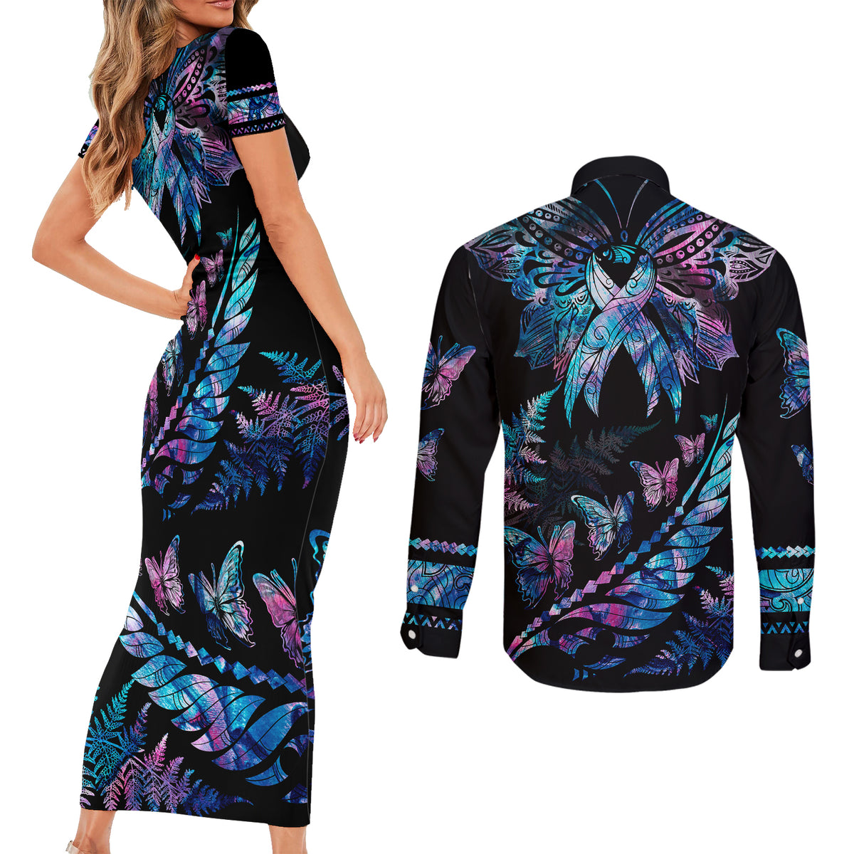 Polynesia Ribbon Butterflies Couples Matching Short Sleeve Bodycon Dress and Long Sleeve Button Shirts Silver Fern Breast Cancer With Papua Shell Pattern LT9 - Polynesian Pride