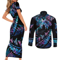 Polynesia Ribbon Butterflies Couples Matching Short Sleeve Bodycon Dress and Long Sleeve Button Shirts Silver Fern Breast Cancer With Papua Shell Pattern LT9 - Polynesian Pride