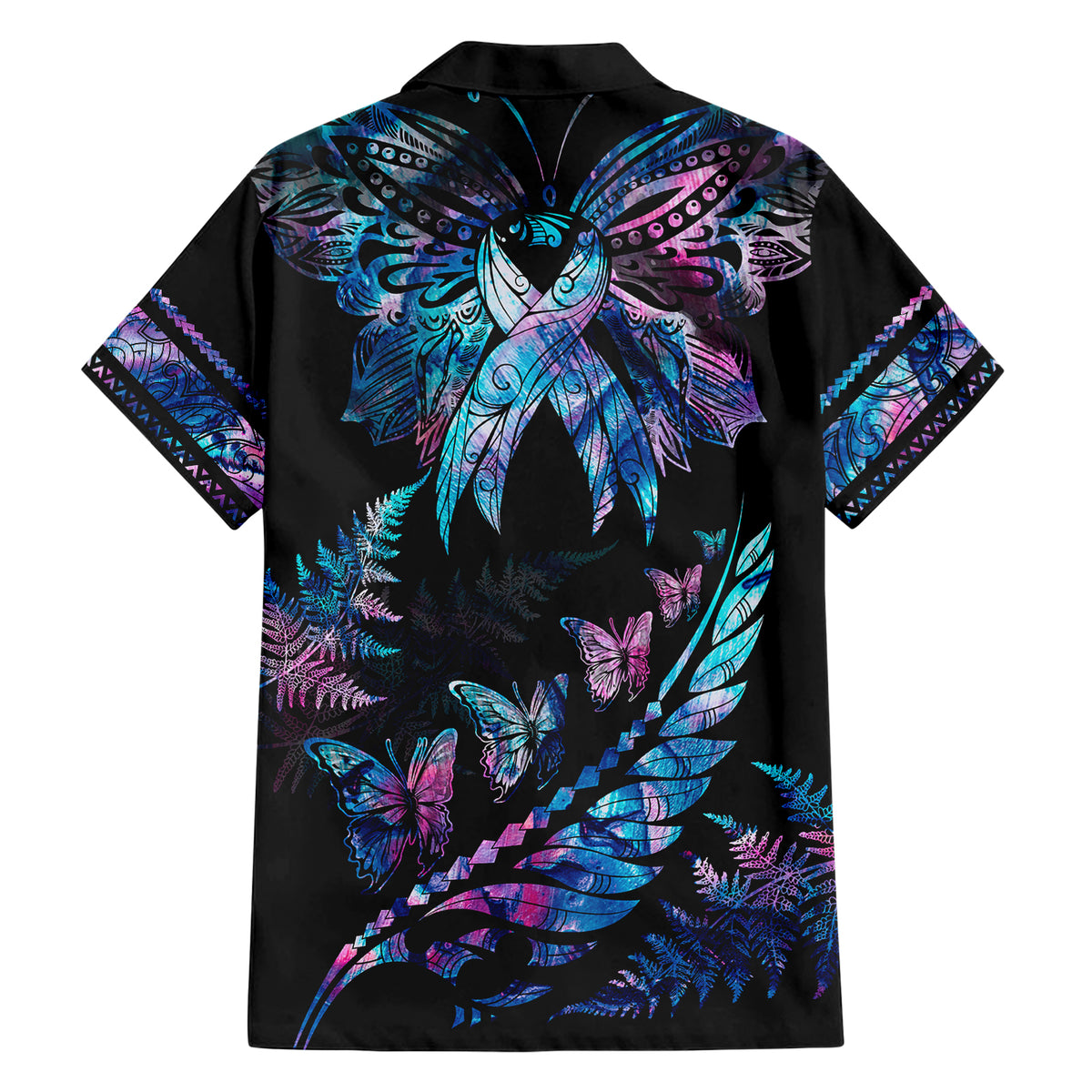 polynesia-ribbon-butterflies-family-matching-short-sleeve-bodycon-dress-and-hawaiian-shirt-silver-fern-breast-cancer-with-papua-shell-pattern