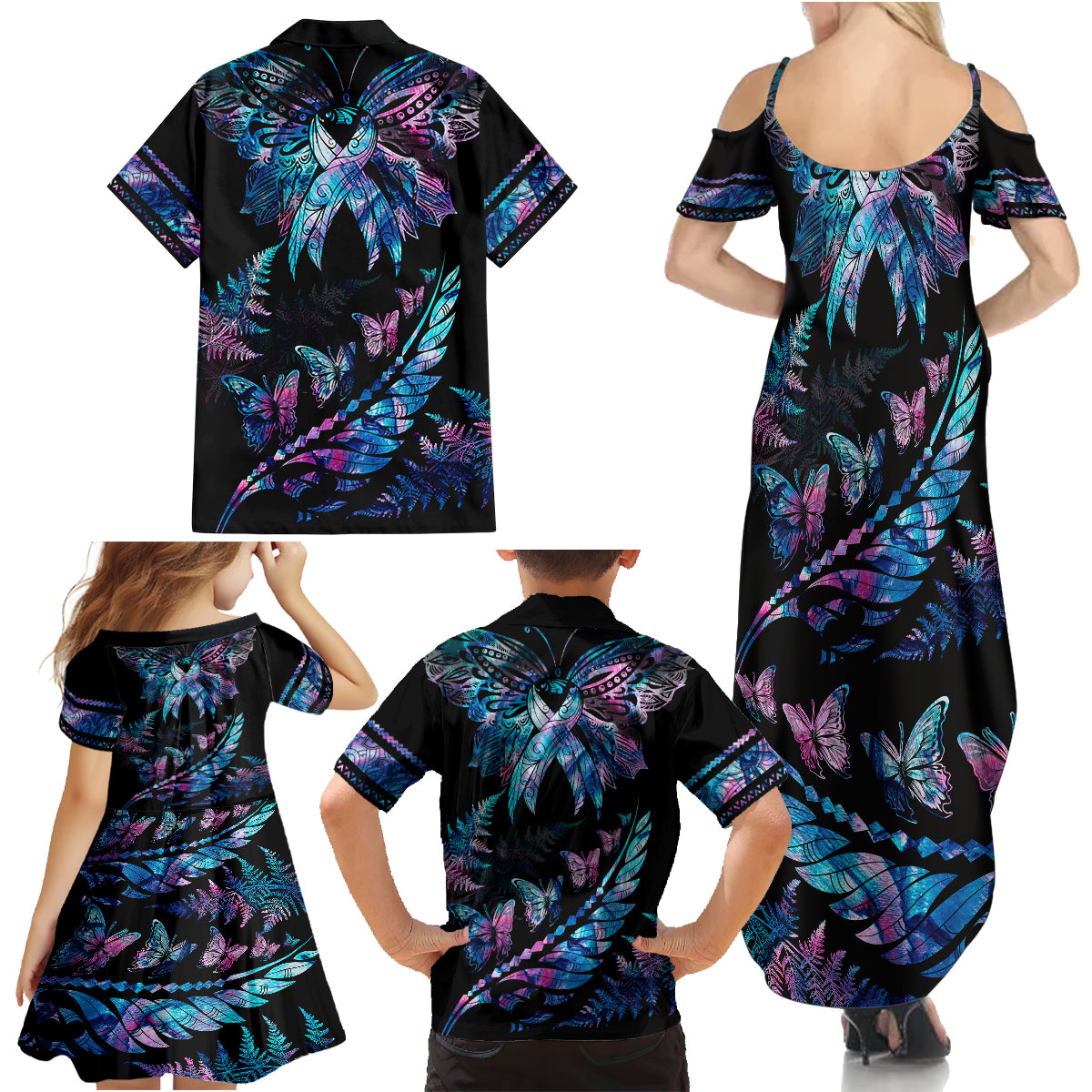 polynesia-ribbon-butterflies-family-matching-summer-maxi-dress-and-hawaiian-shirt-silver-fern-breast-cancer-with-papua-shell-pattern