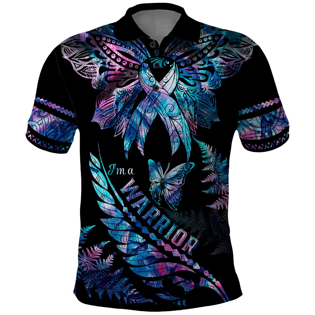 Polynesia Ribbon Butterflies Polo Shirt Silver Fern Breast Cancer With Papua Shell Pattern LT9 Black - Polynesian Pride