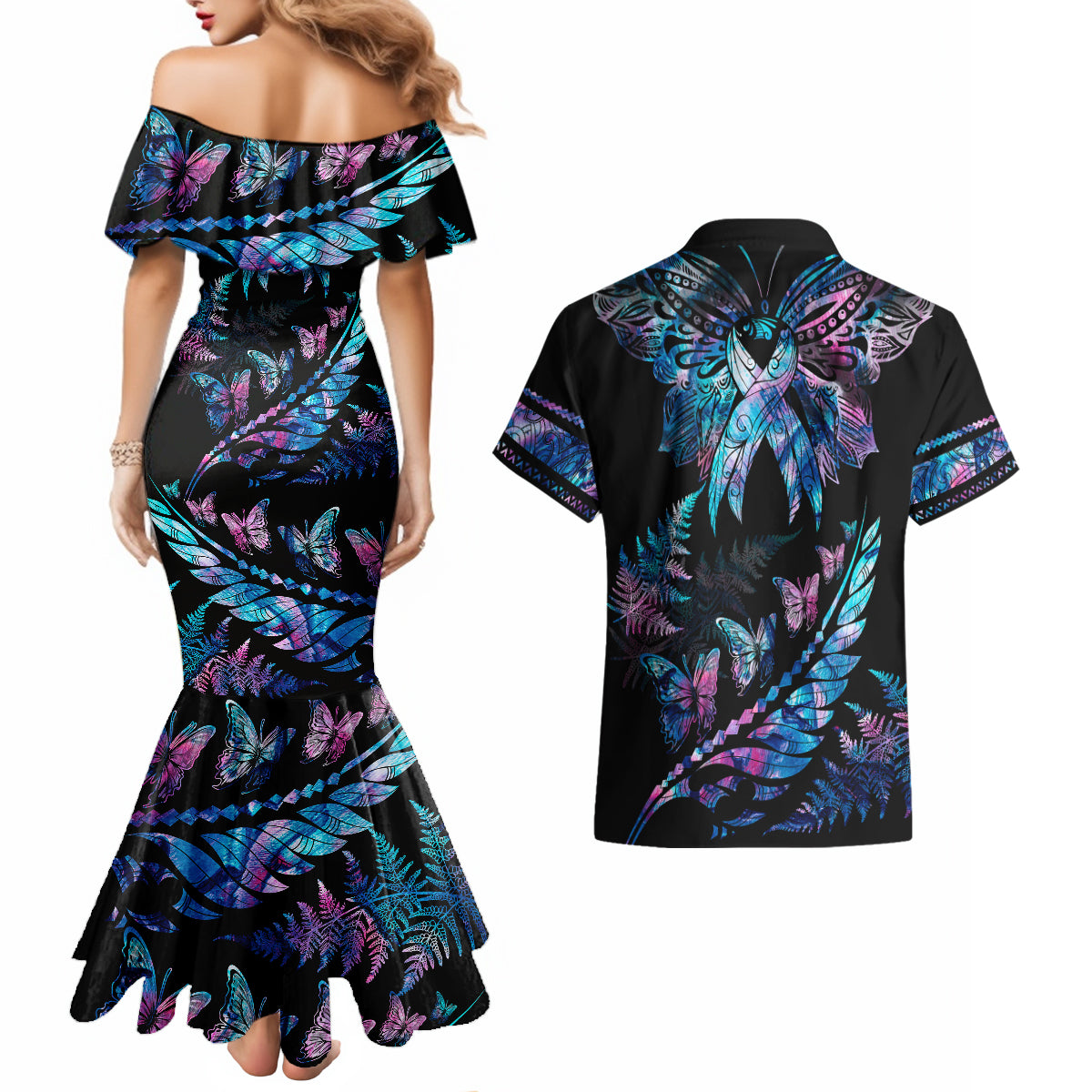 personalised-polynesia-ribbon-butterflies-couples-matching-mermaid-dress-and-hawaiian-shirt-silver-fern-breast-cancer-with-papua-shell-pattern