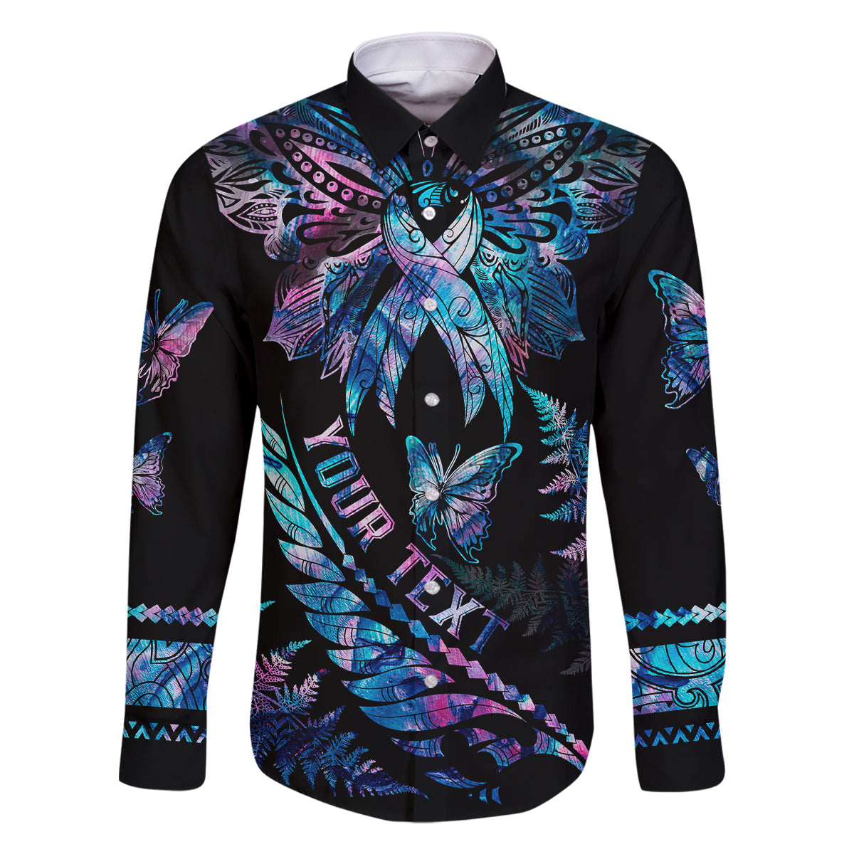 personalised-polynesia-ribbon-butterflies-family-matching-off-shoulder-short-dress-and-hawaiian-shirt-silver-fern-breast-cancer-with-papua-shell-pattern