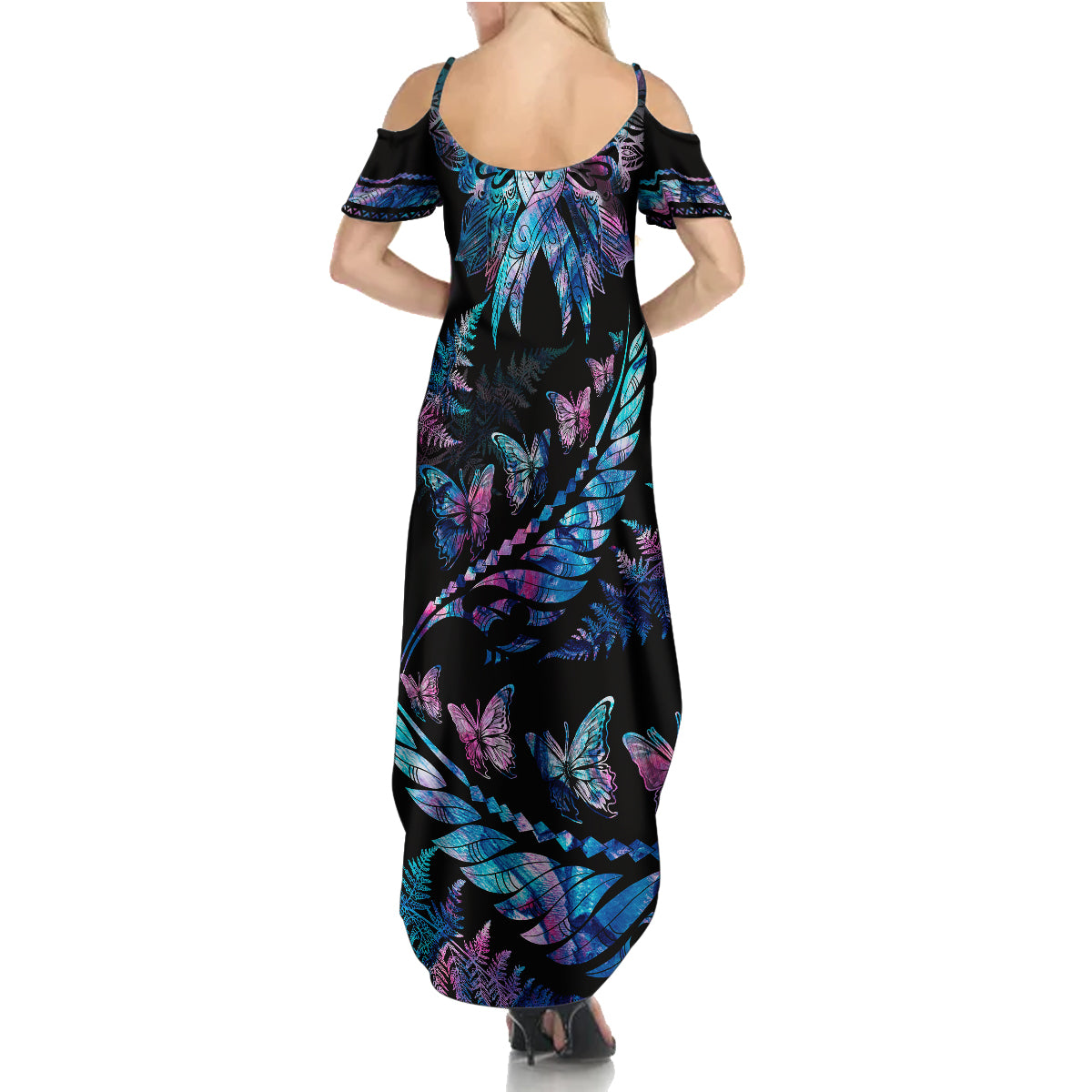 personalised-polynesia-ribbon-butterflies-family-matching-summer-maxi-dress-and-hawaiian-shirt-silver-fern-breast-cancer-with-papua-shell-pattern