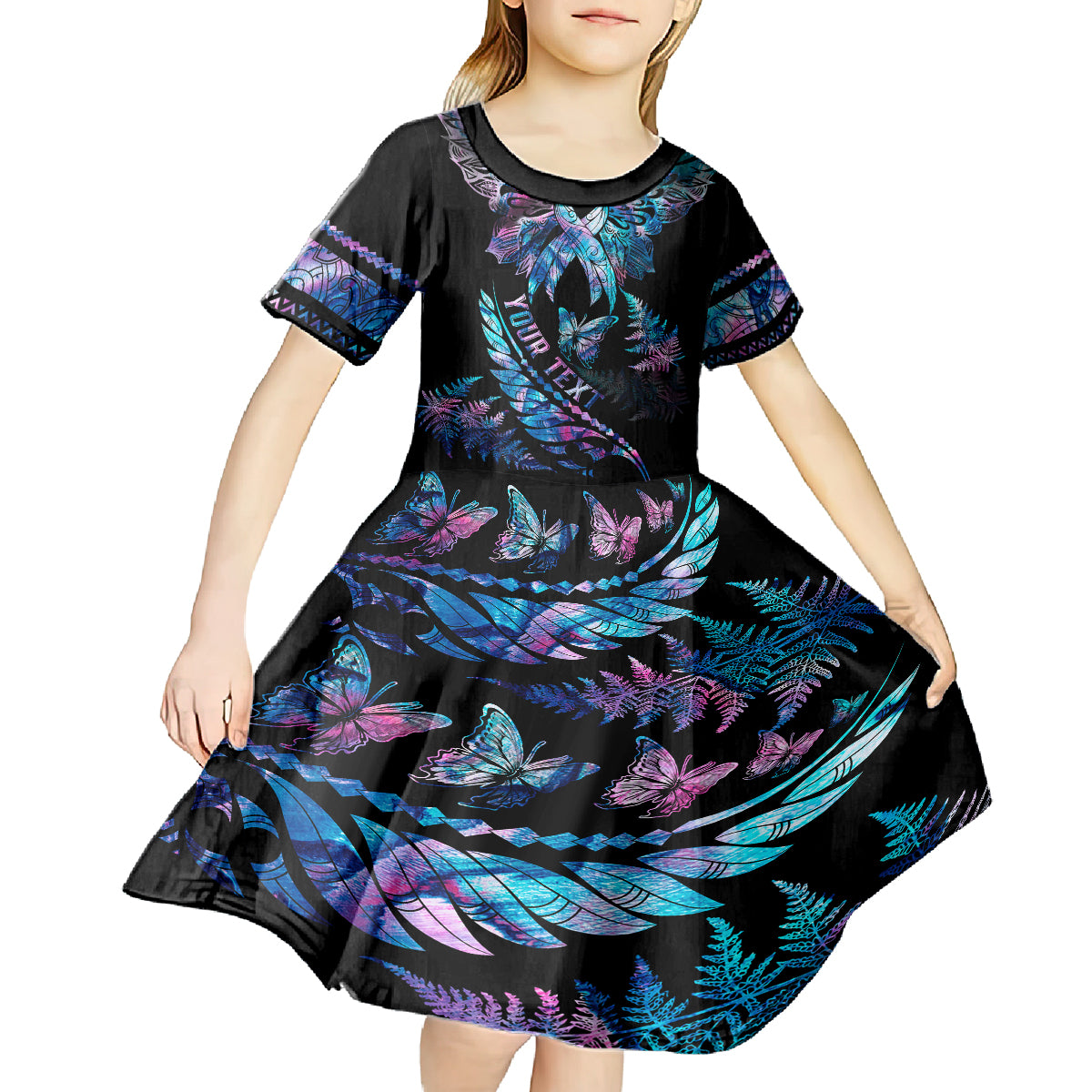 personalised-polynesia-ribbon-butterflies-kid-short-sleeve-dress-silver-fern-breast-cancer-with-papua-shell-pattern