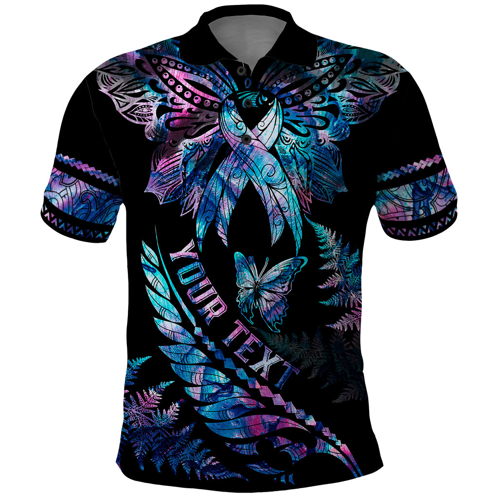 Personalised Polynesia Ribbon Butterflies Polo Shirt Silver Fern Breast Cancer With Papua Shell Pattern LT9 Black - Polynesian Pride