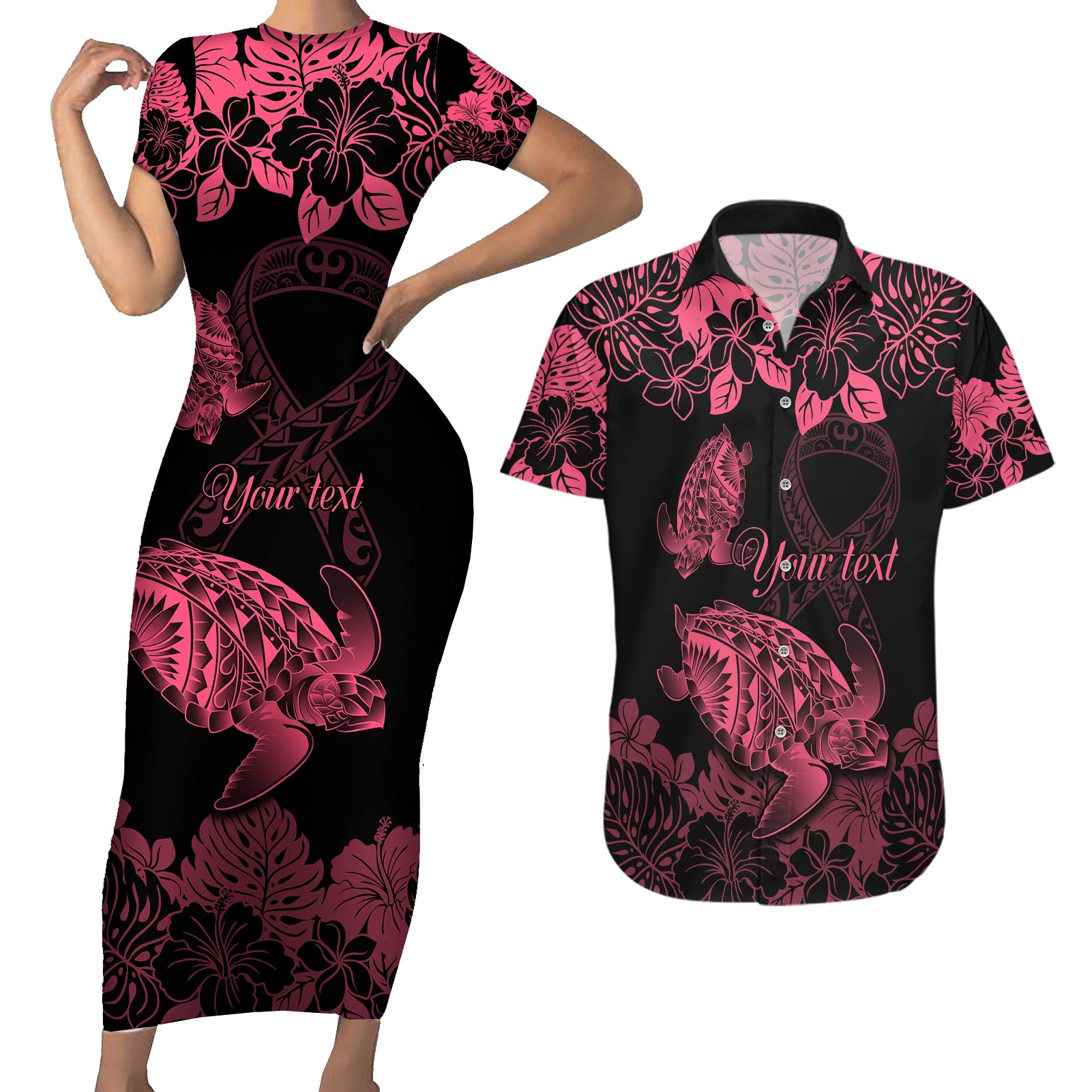 personalised-polynesian-turtle-ribbon-couples-matching-short-sleeve-bodycon-dress-and-hawaiian-shirt-think-pink-breast-cancer-with-pacific-hibiscus