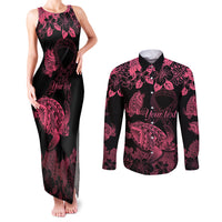 Personalised Polynesian Turtle Ribbon Couples Matching Tank Maxi Dress and Long Sleeve Button Shirts Think Pink Breast Cancer With Pacific Hibiscus LT9 Pink - Polynesian Pride
