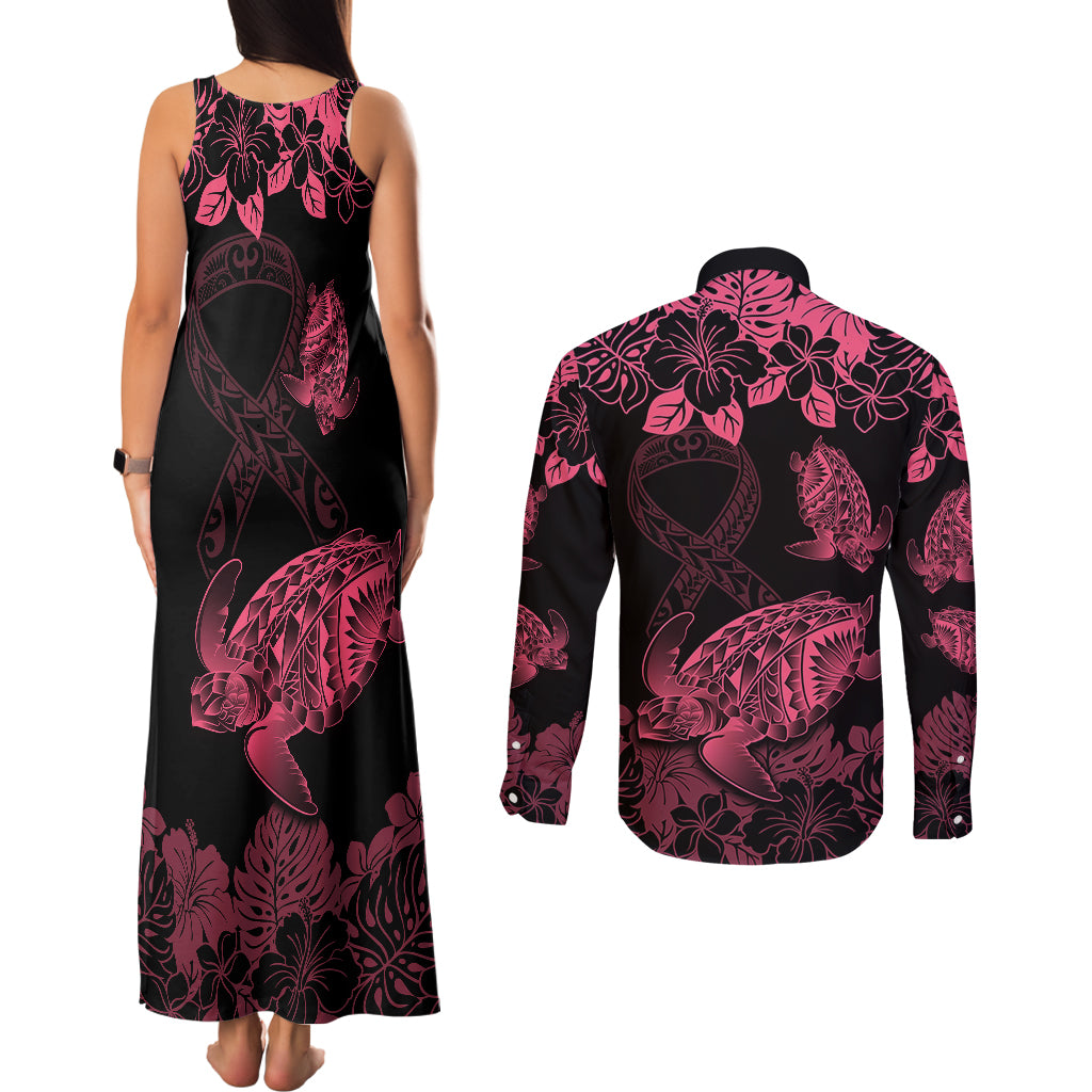 Personalised Polynesian Turtle Ribbon Couples Matching Tank Maxi Dress and Long Sleeve Button Shirts Think Pink Breast Cancer With Pacific Hibiscus LT9 - Polynesian Pride