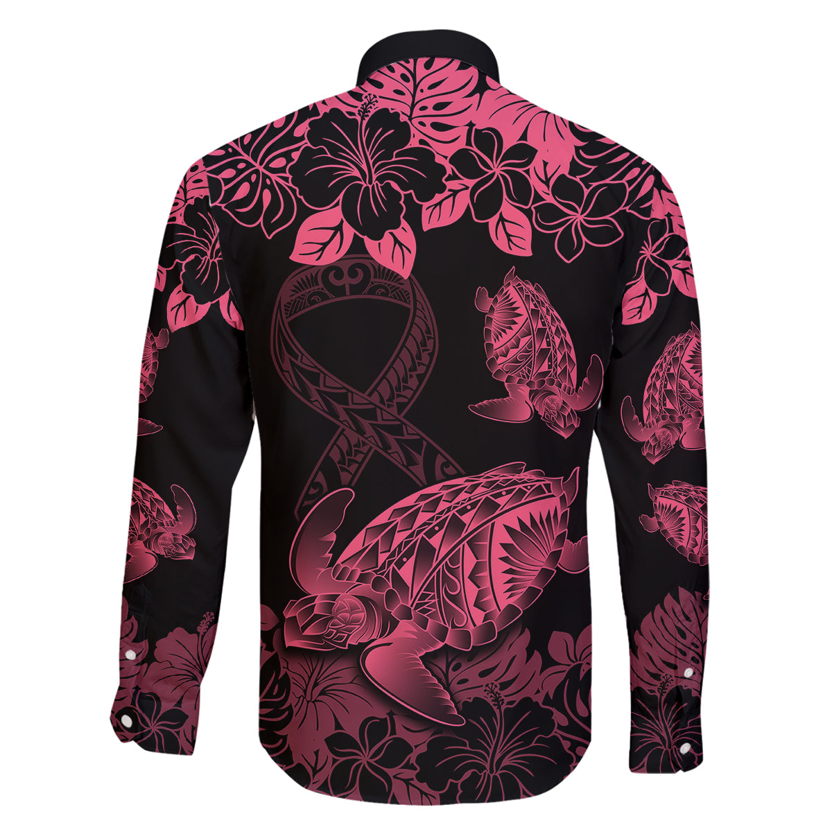 personalised-polynesian-turtle-ribbon-family-matching-long-sleeve-bodycon-dress-and-hawaiian-shirt-think-pink-breast-cancer-with-pacific-hibiscus
