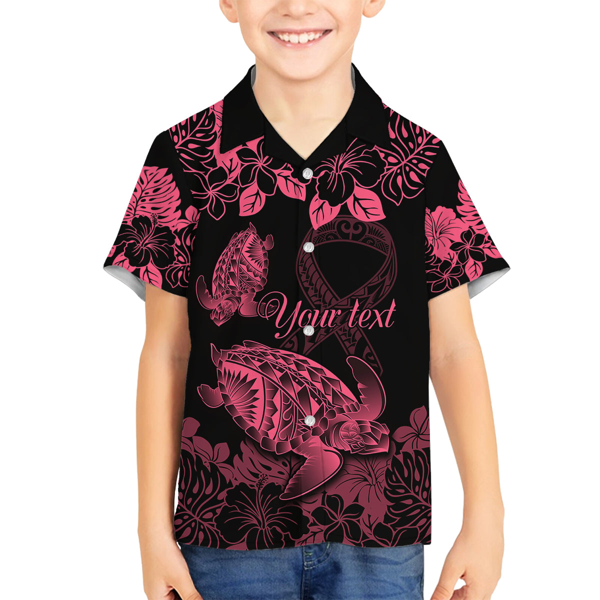 personalised-polynesian-turtle-ribbon-kid-hawaiian-shirt-think-pink-breast-cancer-with-pacific-hibiscus