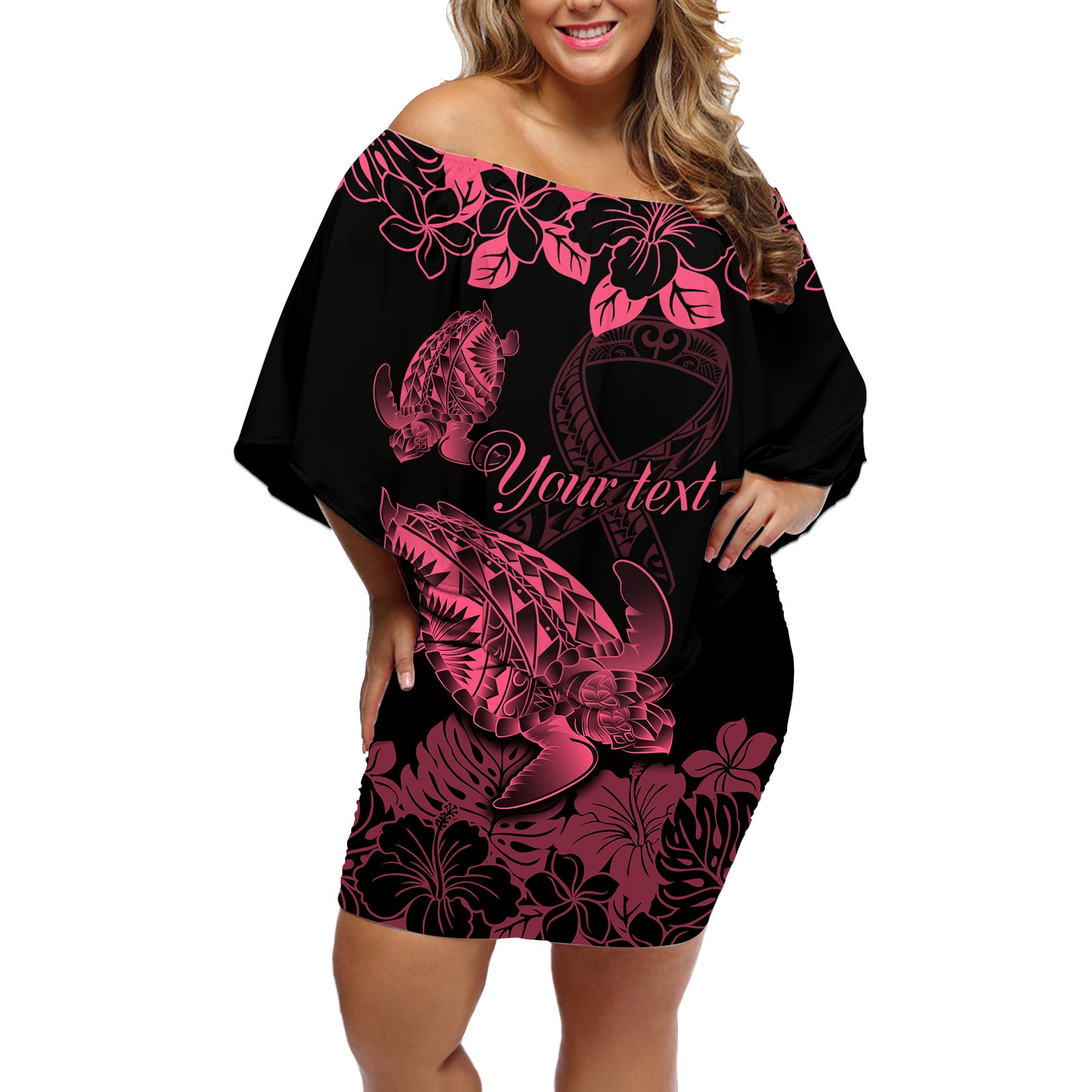 personalised-polynesian-turtle-ribbon-off-shoulder-short-dress-think-pink-breast-cancer-with-pacific-hibiscus