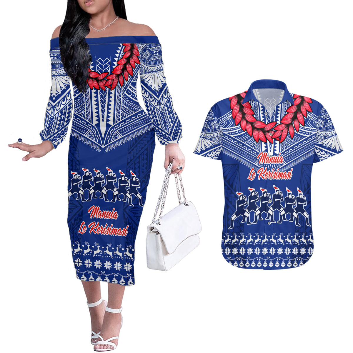 Toa Samoa Christmas Couples Matching Off The Shoulder Long Sleeve Dress and Hawaiian Shirt Samoa Siva Tau Manuia Le Kerisimasi Blue Vibe LT9 Blue - Polynesian Pride