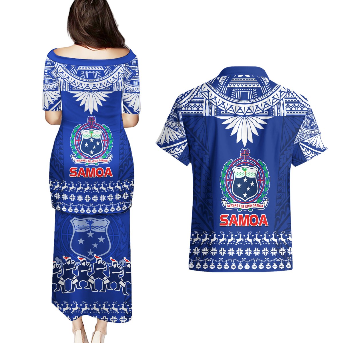 Toa Samoa Christmas Couples Matching Puletasi Dress and Hawaiian Shirt Samoa Siva Tau Manuia Le Kerisimasi Blue Vibe LT9 - Polynesian Pride
