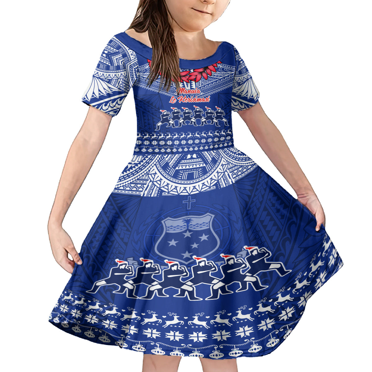 Toa Samoa Christmas Kid Short Sleeve Dress Samoa Siva Tau Manuia Le Kerisimasi Blue Vibe LT9 KID Blue - Polynesian Pride