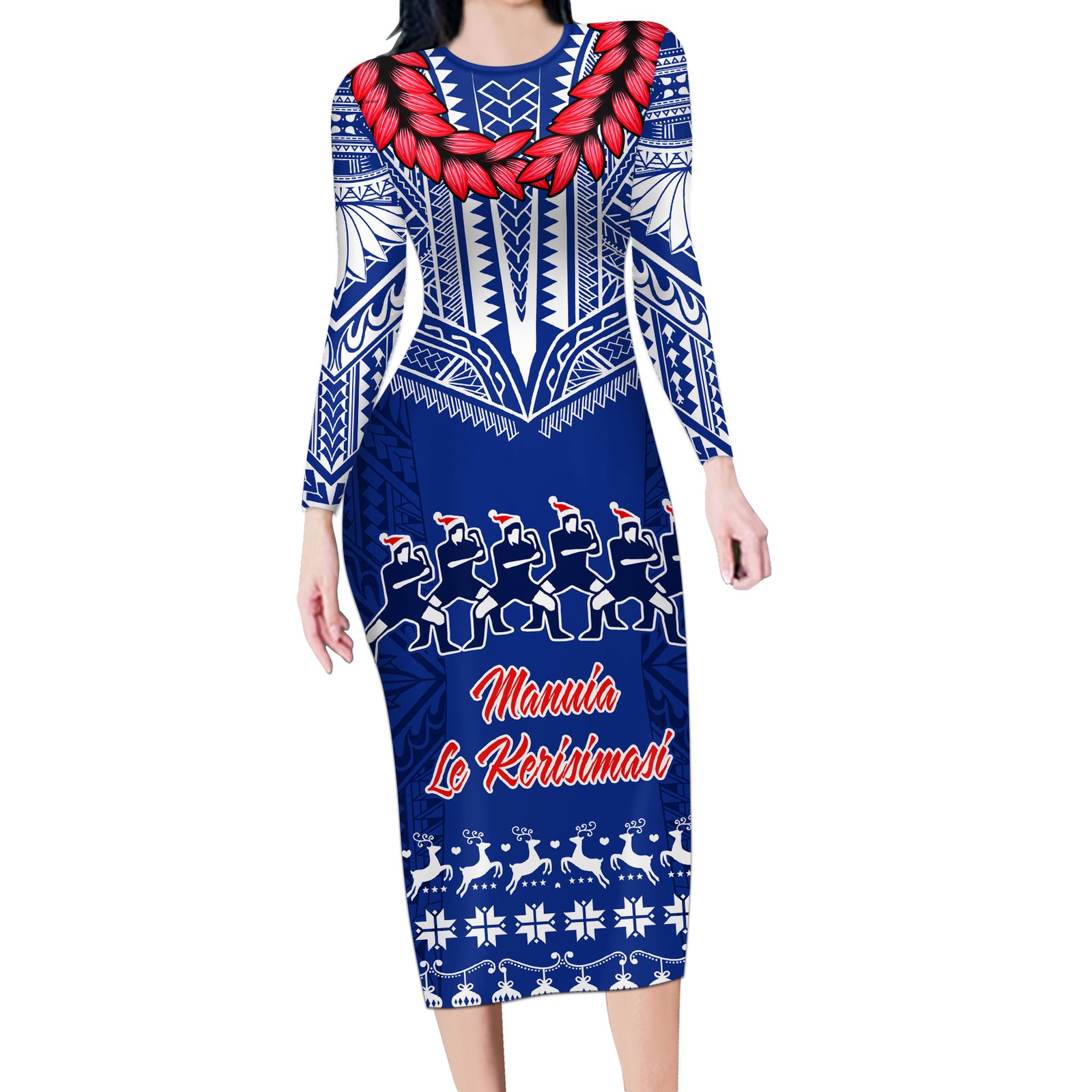 Toa Samoa Christmas Long Sleeve Bodycon Dress Samoa Siva Tau Manuia Le Kerisimasi Blue Vibe LT9 Long Dress Blue - Polynesian Pride