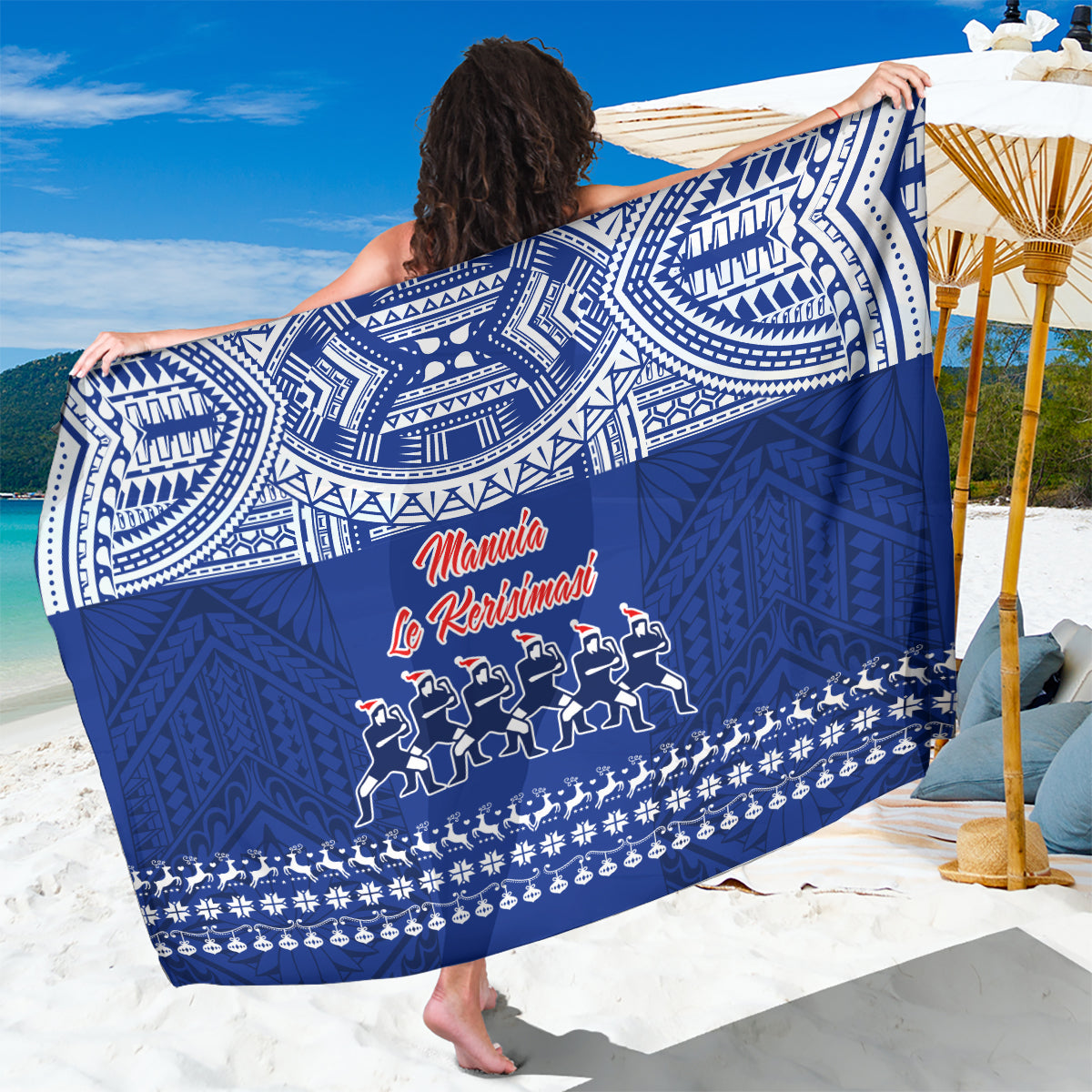 Toa Samoa Christmas Sarong Samoa Siva Tau Manuia Le Kerisimasi Blue Vibe LT9 One Size 44 x 66 inches Blue - Polynesian Pride