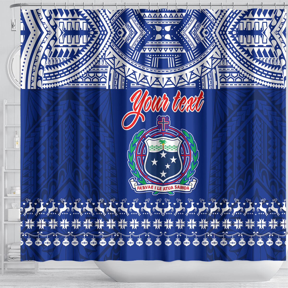 Personalised Toa Samoa Christmas Shower Curtain Samoa Siva Tau Manuia Le Kerisimasi Blue Vibe LT9 - Polynesian Pride