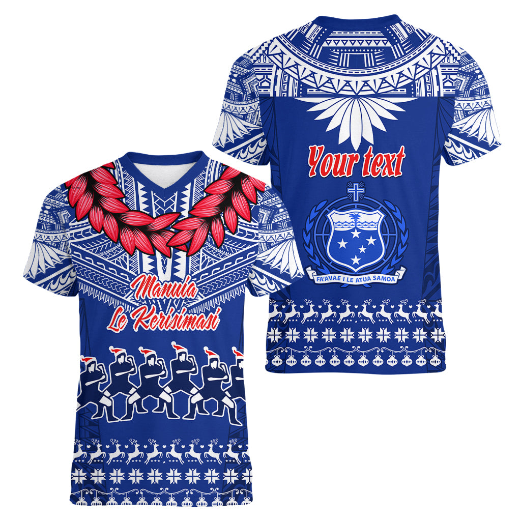 Personalised Toa Samoa Christmas Women V Neck T Shirt Samoa Siva Tau Manuia Le Kerisimasi Blue Vibe LT9 - Polynesian Pride