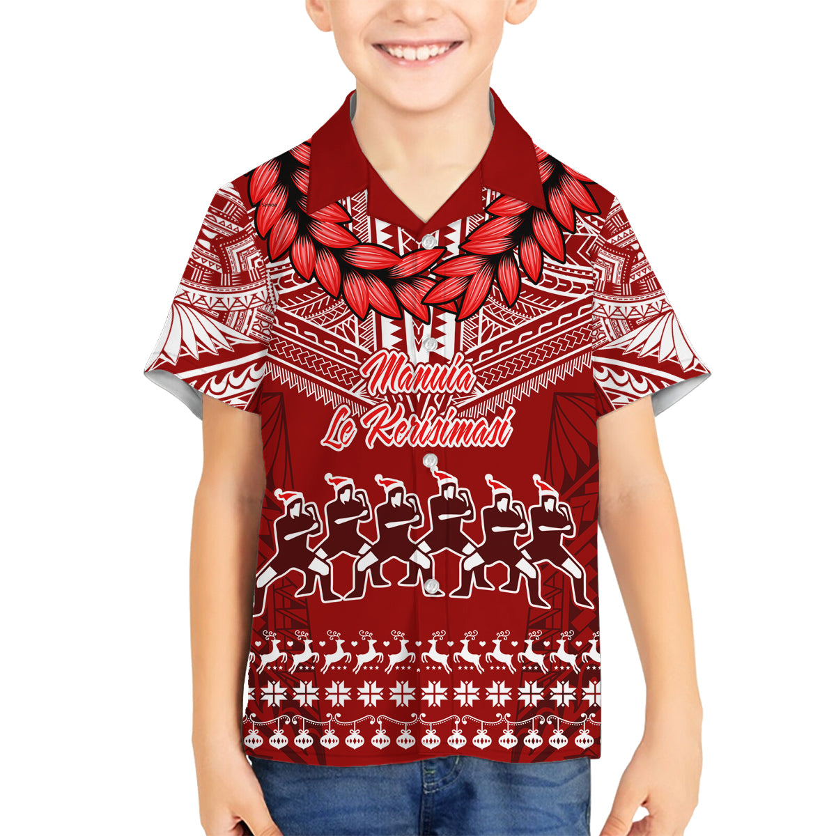 Toa Samoa Christmas Family Matching Long Sleeve Bodycon Dress and Hawaiian Shirt Samoa Siva Tau Manuia Le Kerisimasi Red Vibe LT9 Son's Shirt Red - Polynesian Pride