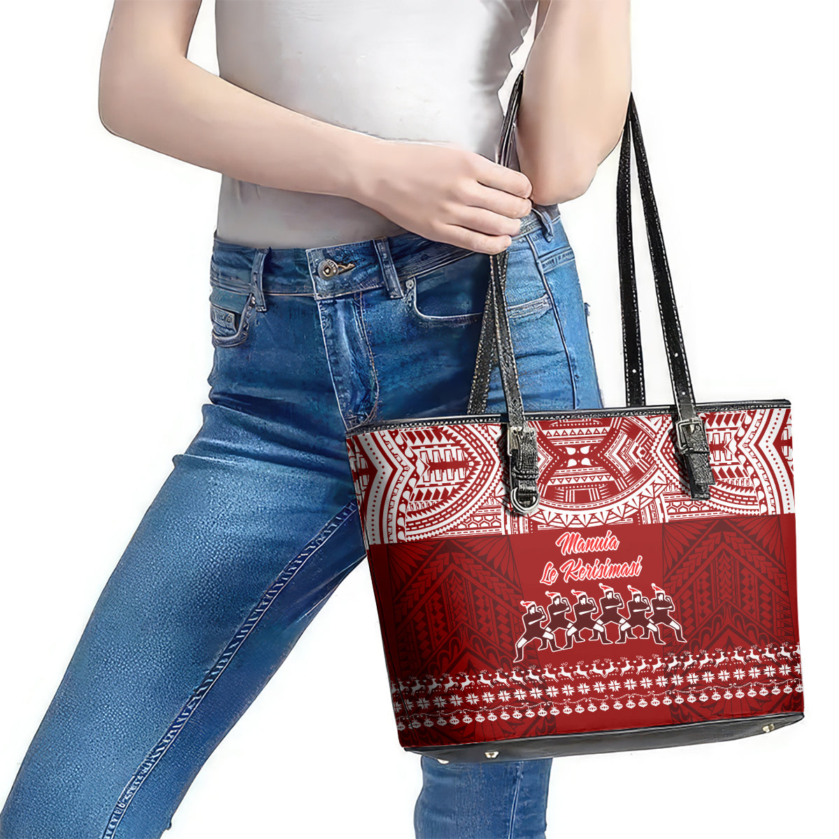 Toa Samoa Christmas Leather Tote Bag Samoa Siva Tau Manuia Le Kerisimasi Red Vibe LT9 - Polynesian Pride